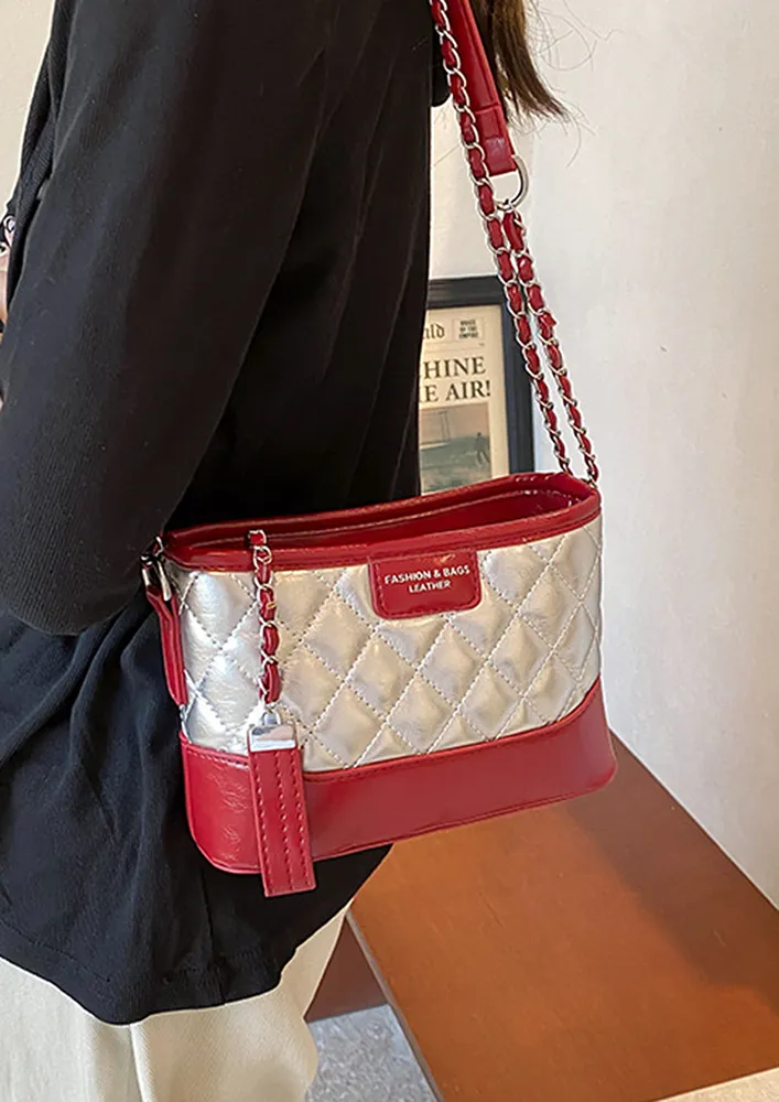 SILVER QUILTED COLORBLOCK PATTERN SLING BAG