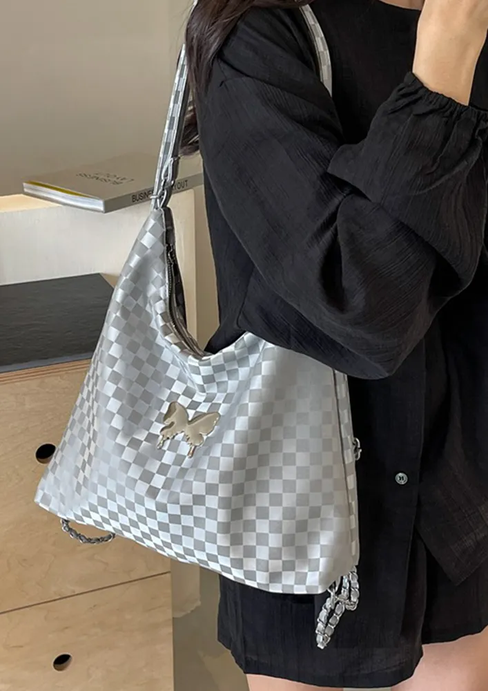 SILVER CHECKERBOARD PRINT CONVERTIBLE HOBO BAG