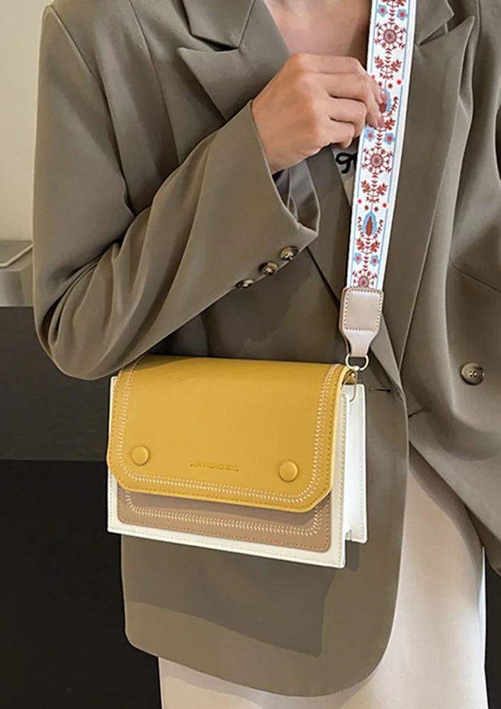 YELLOW RECTANGULAR PRINTED STRAP CROSSBODY BAG