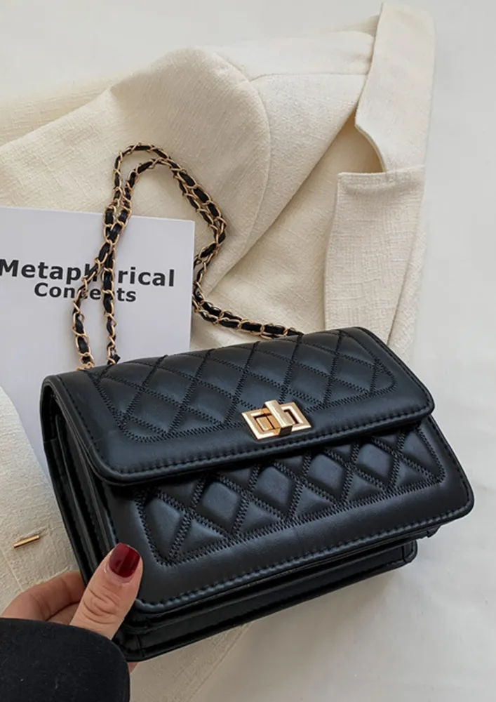 QUILTED BLACK FLAP FRONT SHOULDER BAG