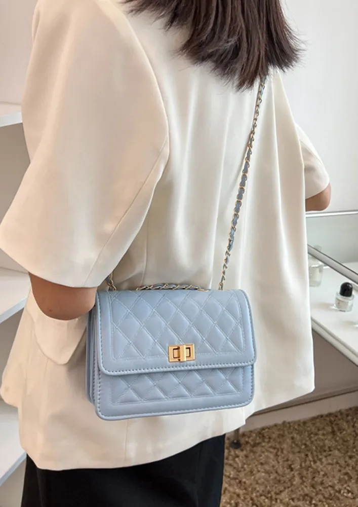 QUILTED BLUE FLAP FRONT SHOULDER BAG