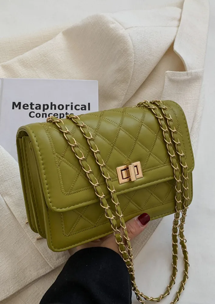 QUILTED GREEN FLAP FRONT SHOULDER BAG