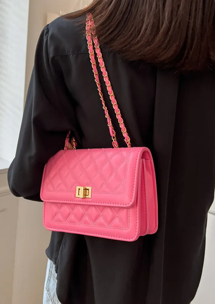 QUILTED PINK FLAP FRONT SHOULDER BAG