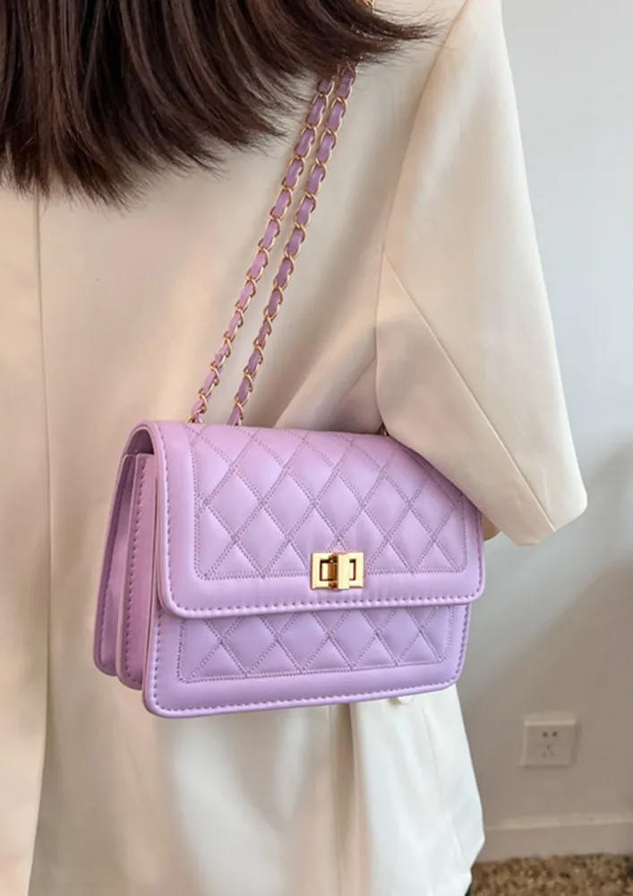 QUILTED PURPLE FLAP FRONT SHOULDER BAG