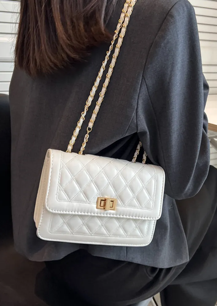 QUILTED WHITE FLAP FRONT SHOULDER BAG