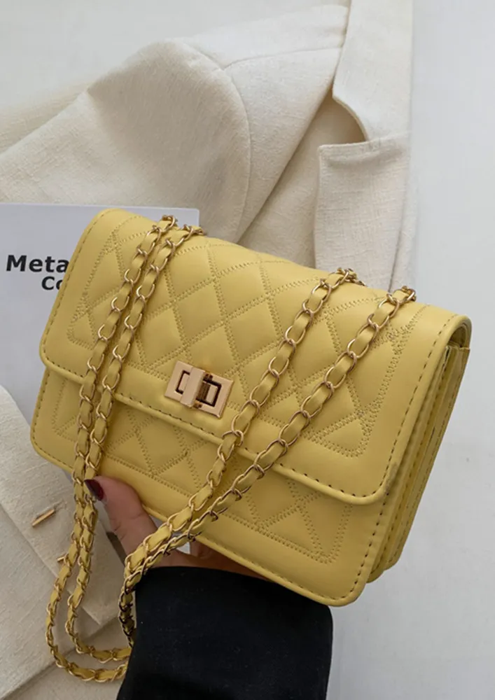 QUILTED YELLOW FLAP FRONT SHOULDER BAG