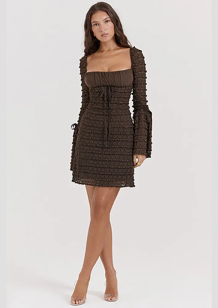 BROWN LAYERED TRIM LACY SHIFT DRESS