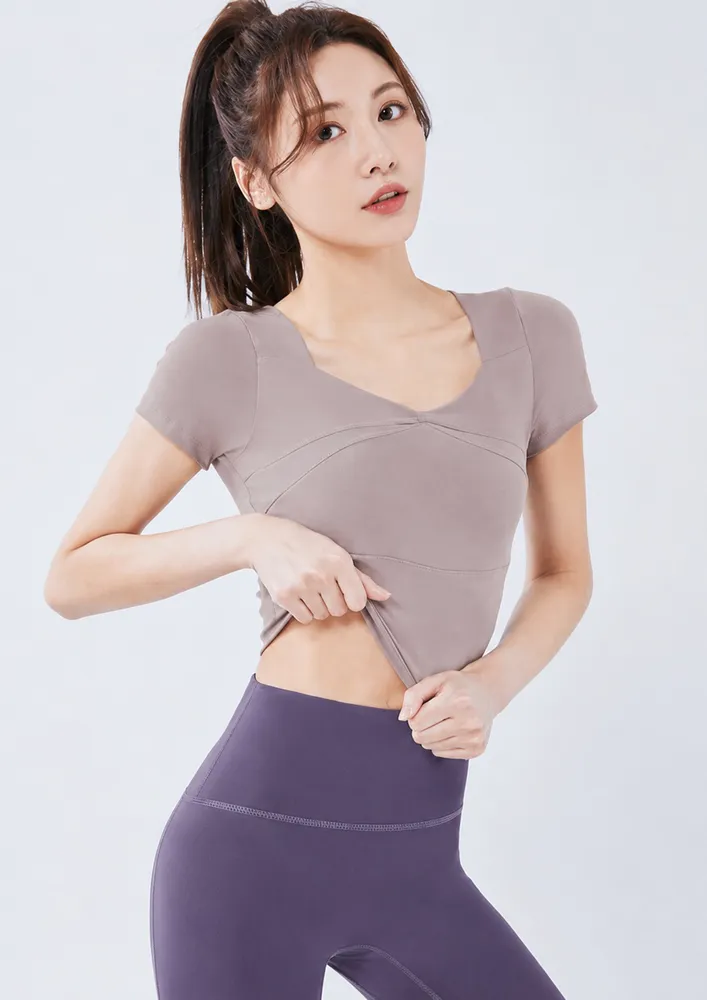 Khaki V-neck Crop Sports Top