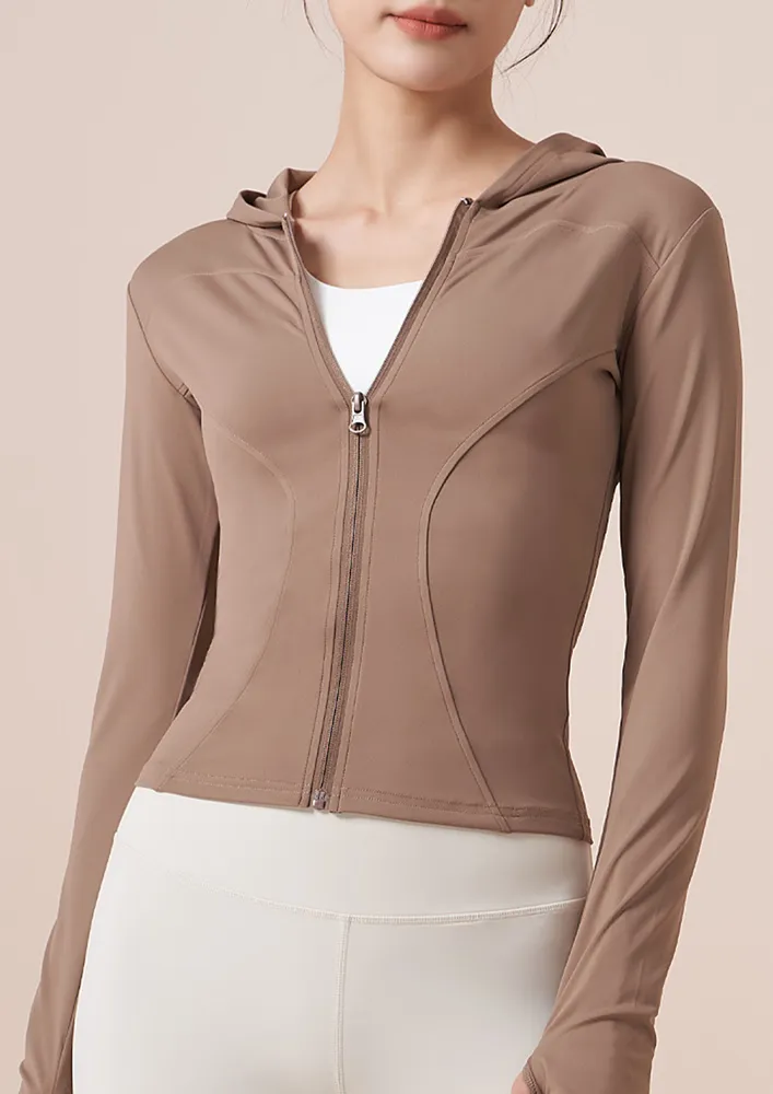 Zip-up Thumbhole Sleeve Hooded Activewear Jacket
