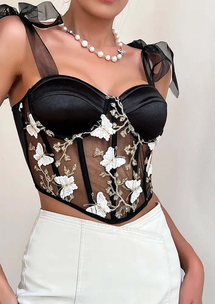 Black Contrast Embroidery Corset