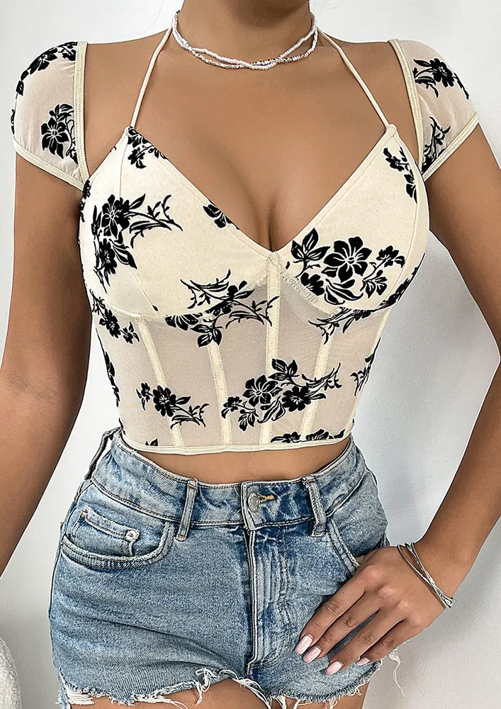 Apricot Floral Pattern Halter Corset Top