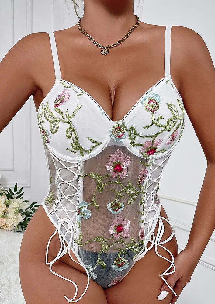 White Contrast Floral Embroidery Bodysuit