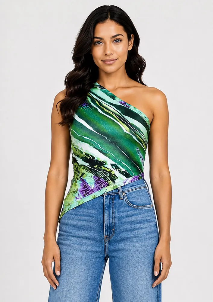 ABSTRACT PRINT ONE-SHOULDER TOP
