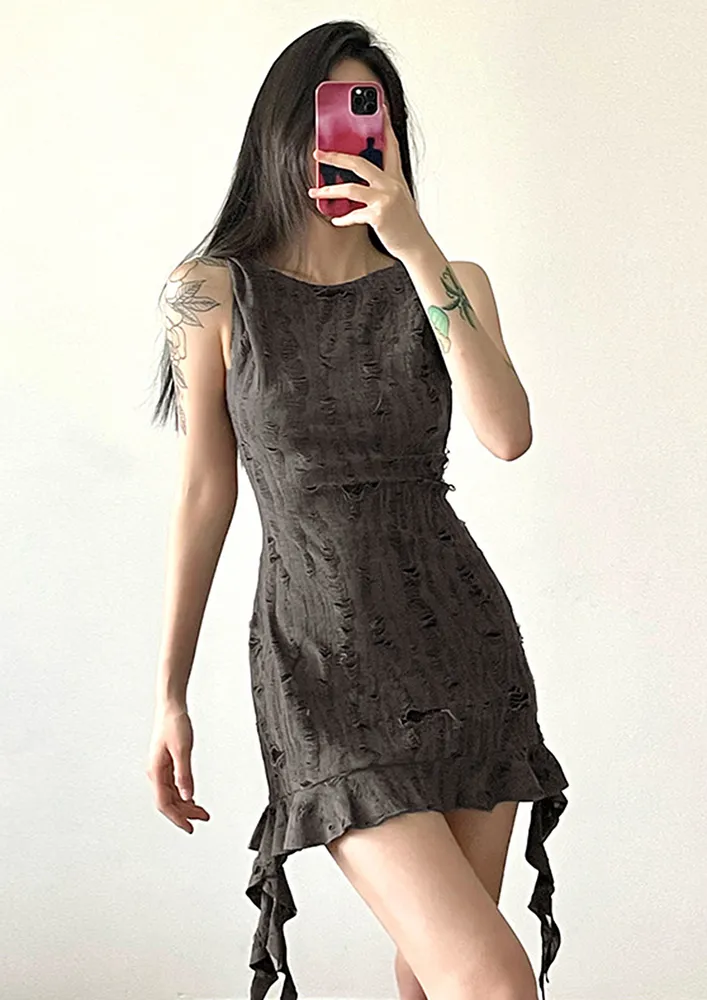 DISTRESSED HOODED LIGHT GREY BODYCON DRESS