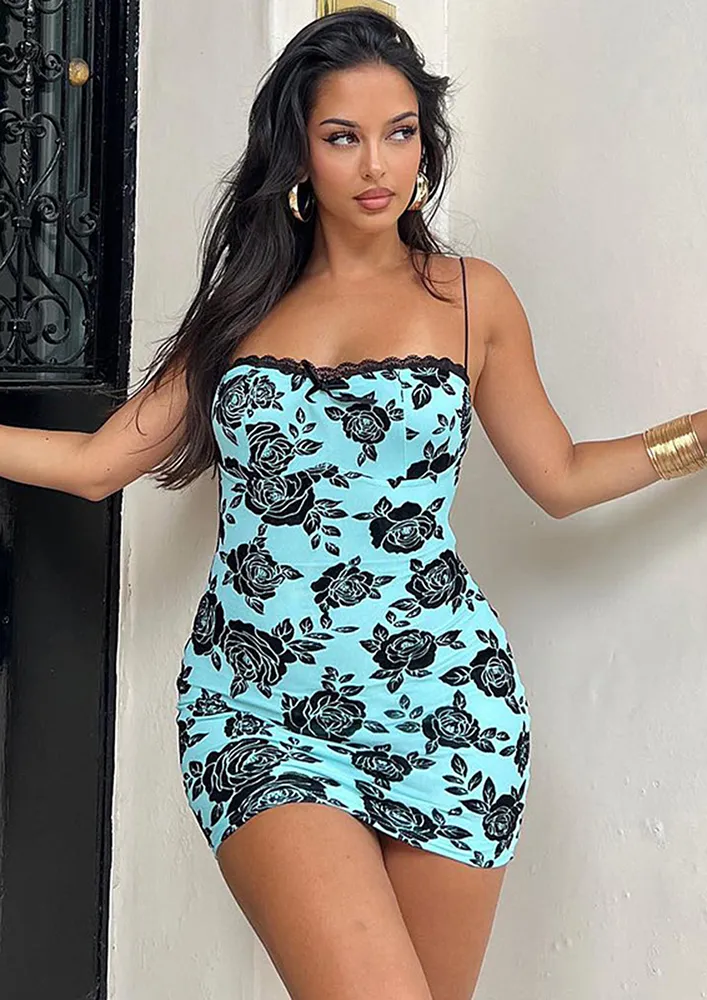 BLUE CONTRAST FLORAL BODYCON DRESS