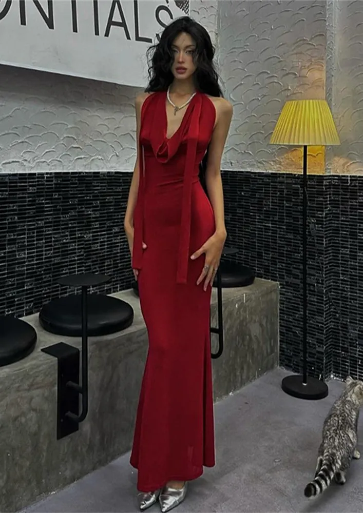 Halter Neck Red Sheath Long Dress