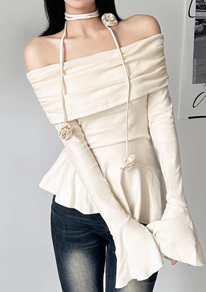 FRILL-TRIM APRICOT OFF-SHOULDER TOP