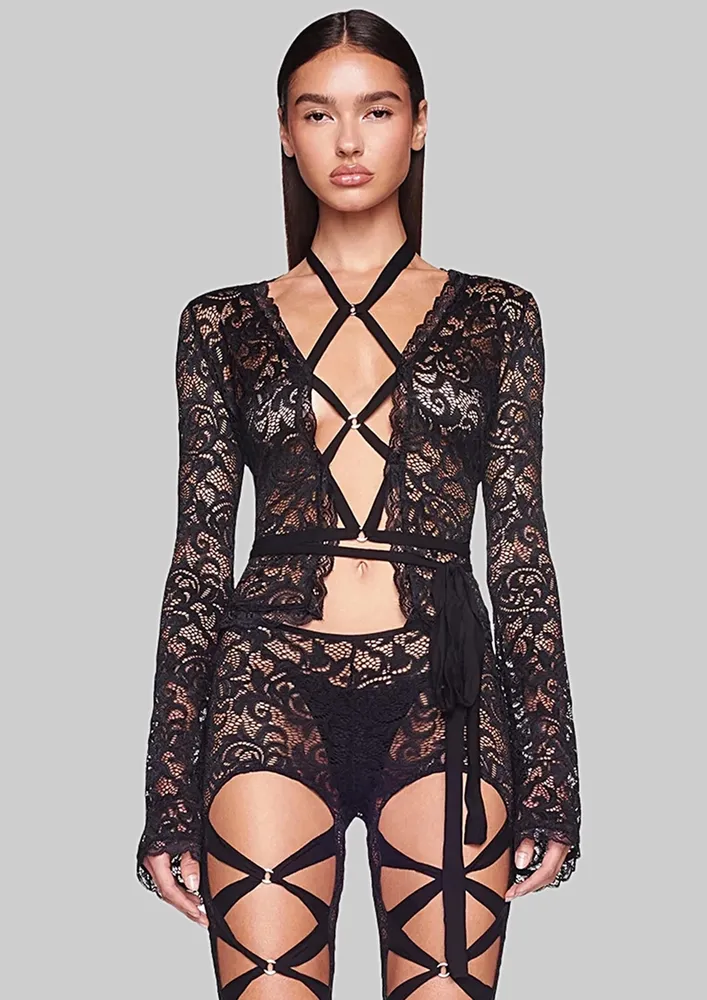 Black Geometric Strap Detail Lace Top