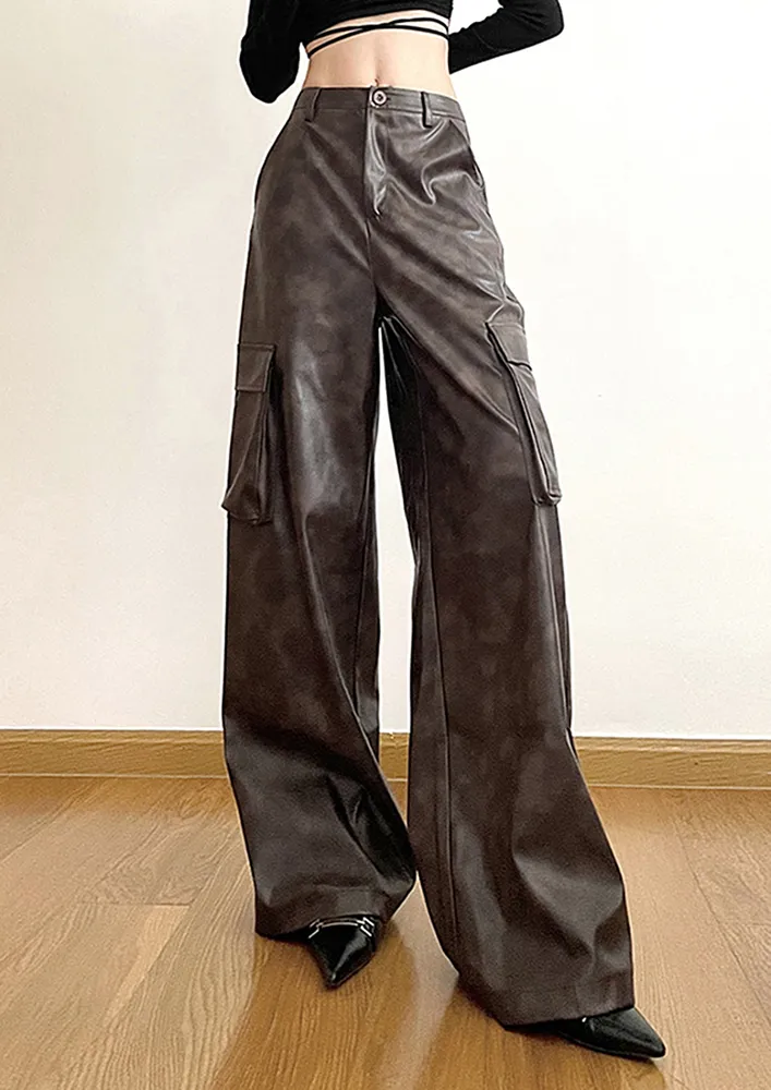 BROWN FAUX LEATHER TOOLING-POCKET TROUSER