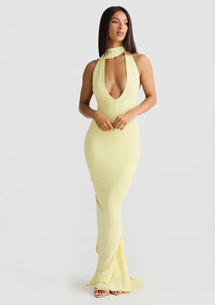 Yellow Backless Draped Bodycon Dress