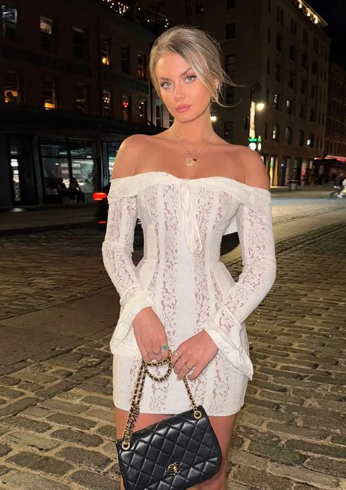 White Semi-sheer Ruched Off-shoulder Dress