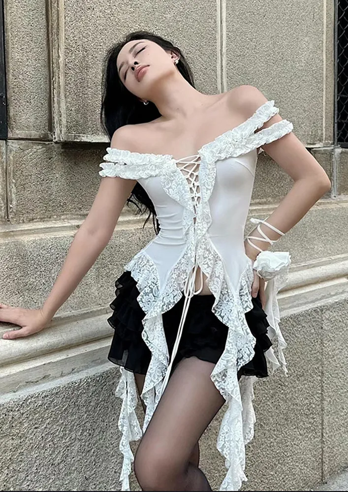 White Off-shoulder Ruffly Y2k Top