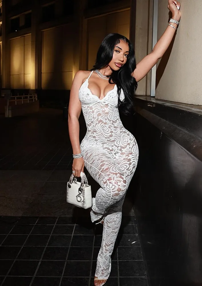 White Sheer Lace Backless Jumpsuit
