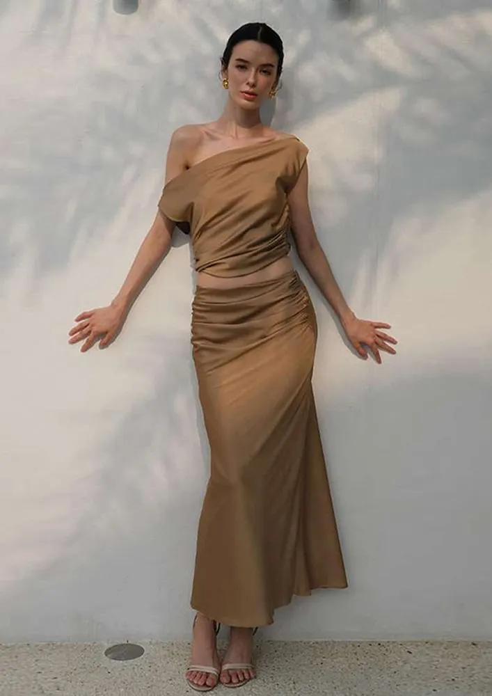 Brown Diagonal Neck Top & Long Skirt Set