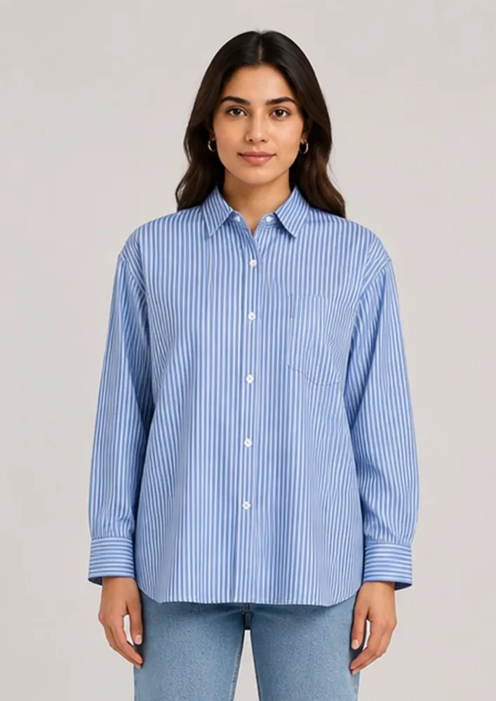 STRIPED BLUE CUFFED SHIRT
