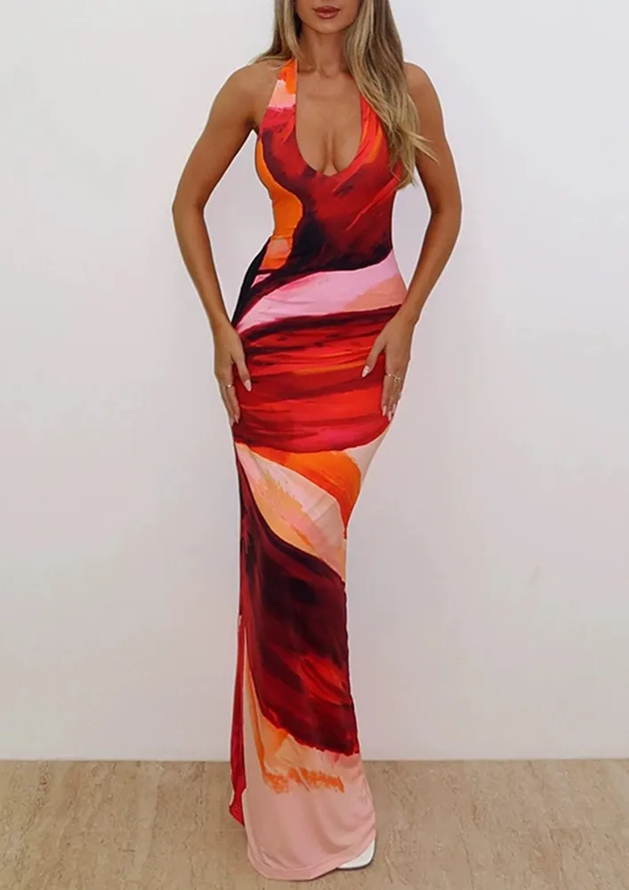 Abstract Pattern Red Halter Neck Maxi Dress