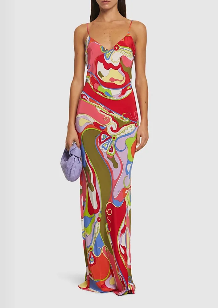 Abstract Pattern Strappy Slit Dress