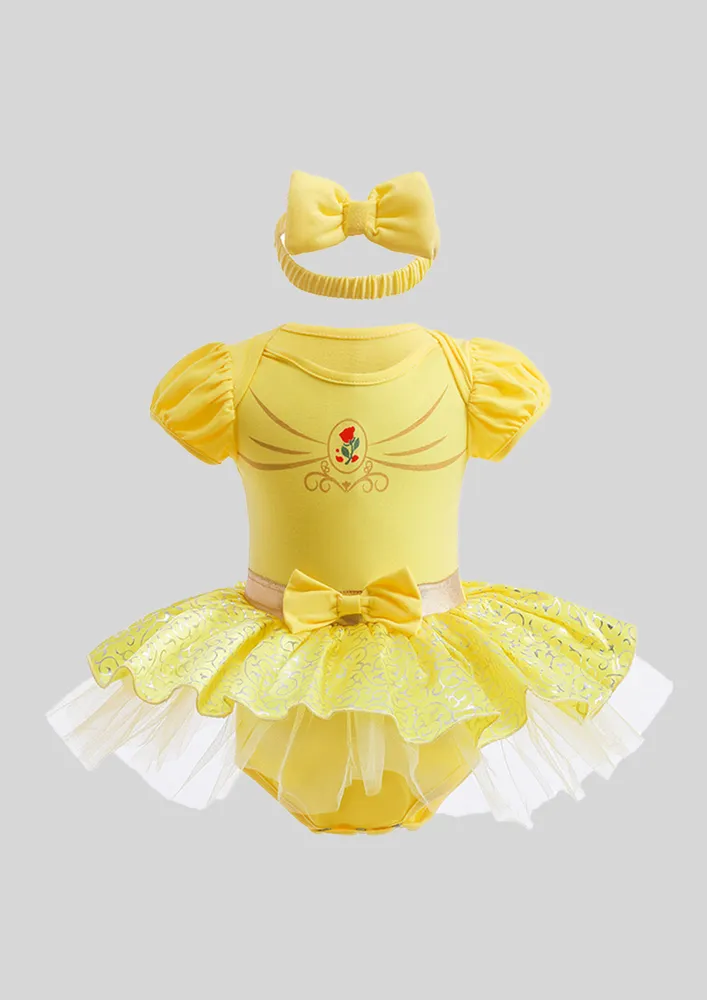 Girls Yellow Puff Sleeve Onesie W/ Headband