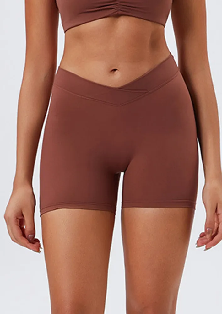 Brown Gathered-back Detail Sports Shorts