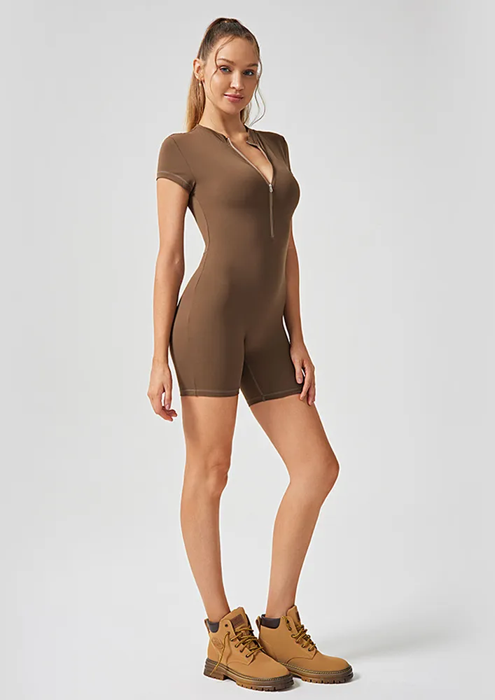 Brown Half-placket Sports Playsuit