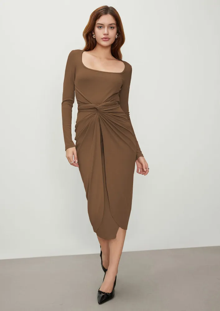 Brown Square Neck Wrap-detail Midi Dress