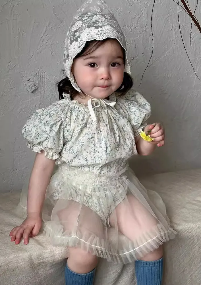 Girls Off White-blue Ditsy Print Onesie
