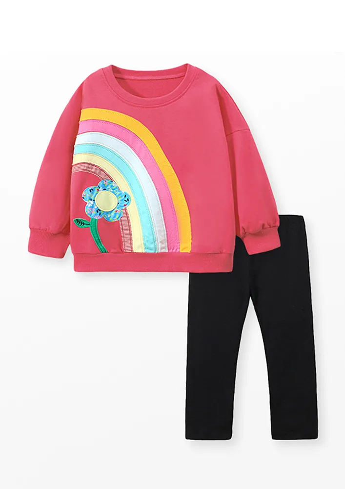 Girls Pink Applique Sweatshirt & Black Leggings