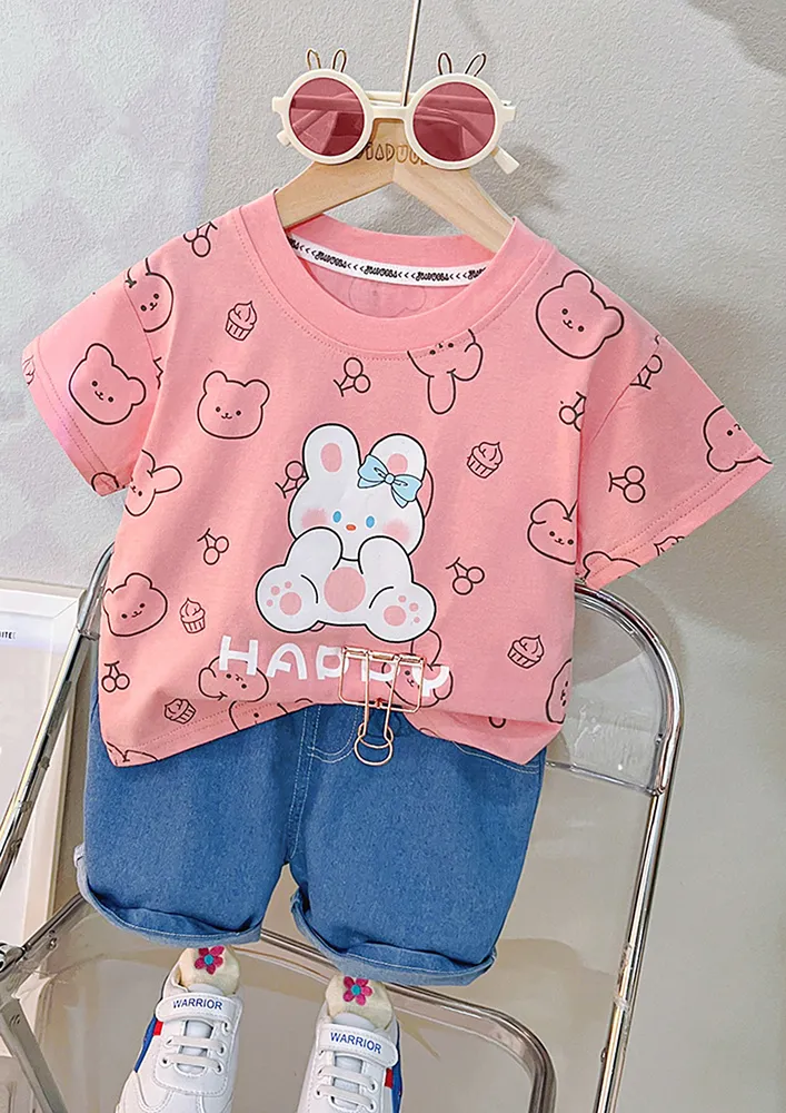 Unisex Kidswear Pink Graphic Tee With Denim Shorts