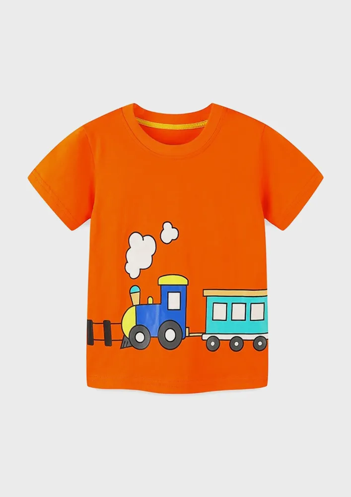 Boys Orange Printed Crew Neck T-shirt