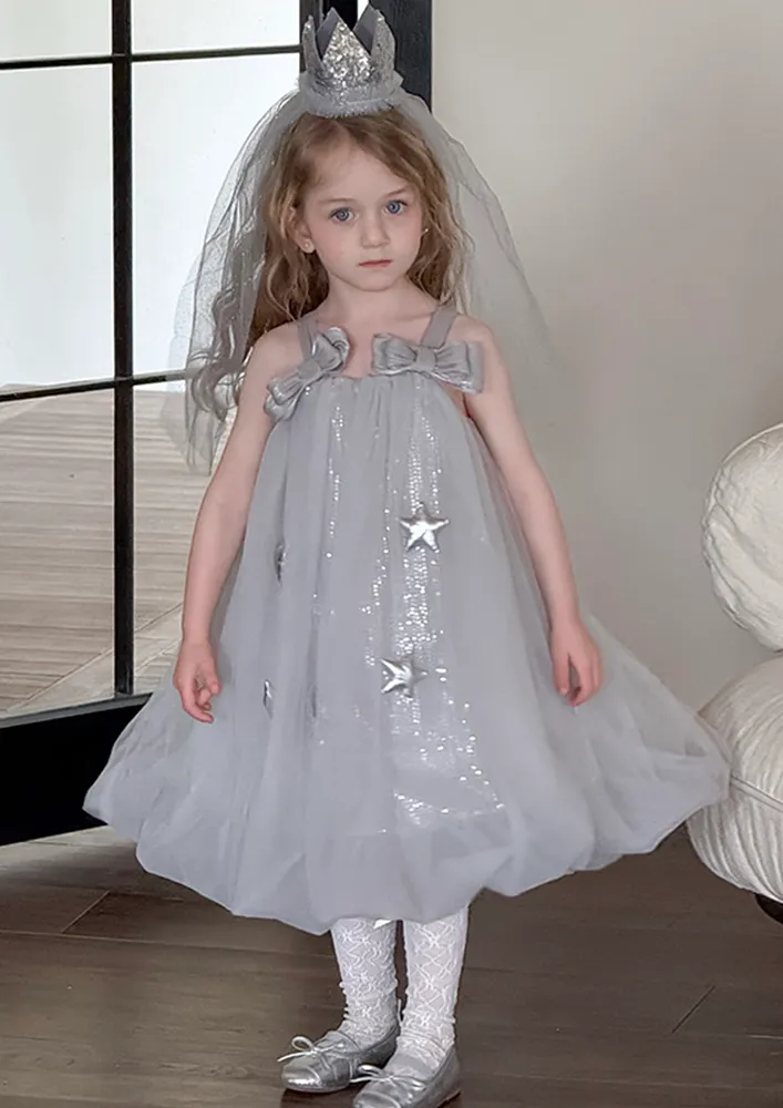 Silver Grey Starry Bow Girls Midi Dress