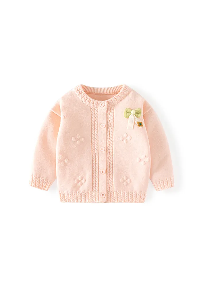 Girls Pink Contrast Bowknot Applique Cardigan