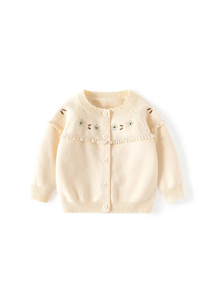 Frill-trimmed Button-up Girls Cardigan