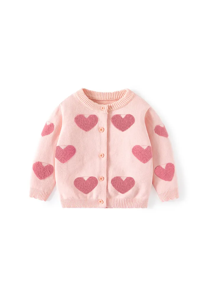 Girls Pink Contrast Heart Motif Cardigan