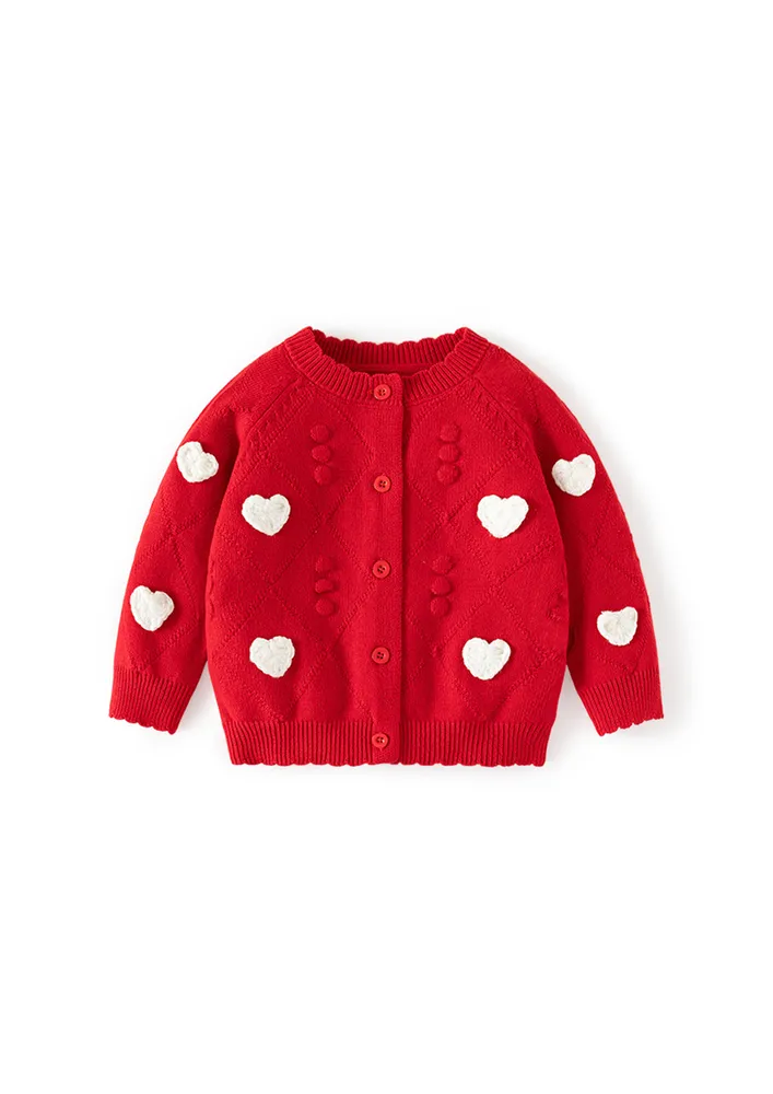 Girls Bright Red Heart Motif Cardigan
