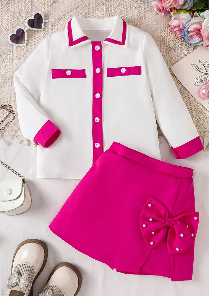 Girls Contrast White Shirt With Bowknot Skort