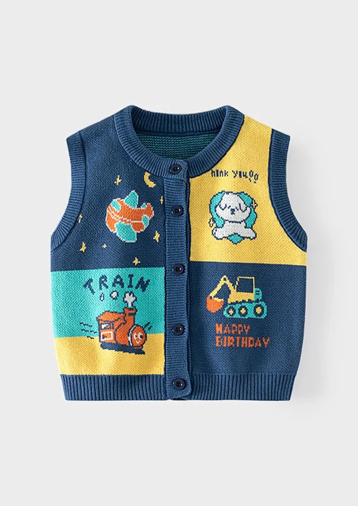 Unisex Blue Button-up Knitted Vest