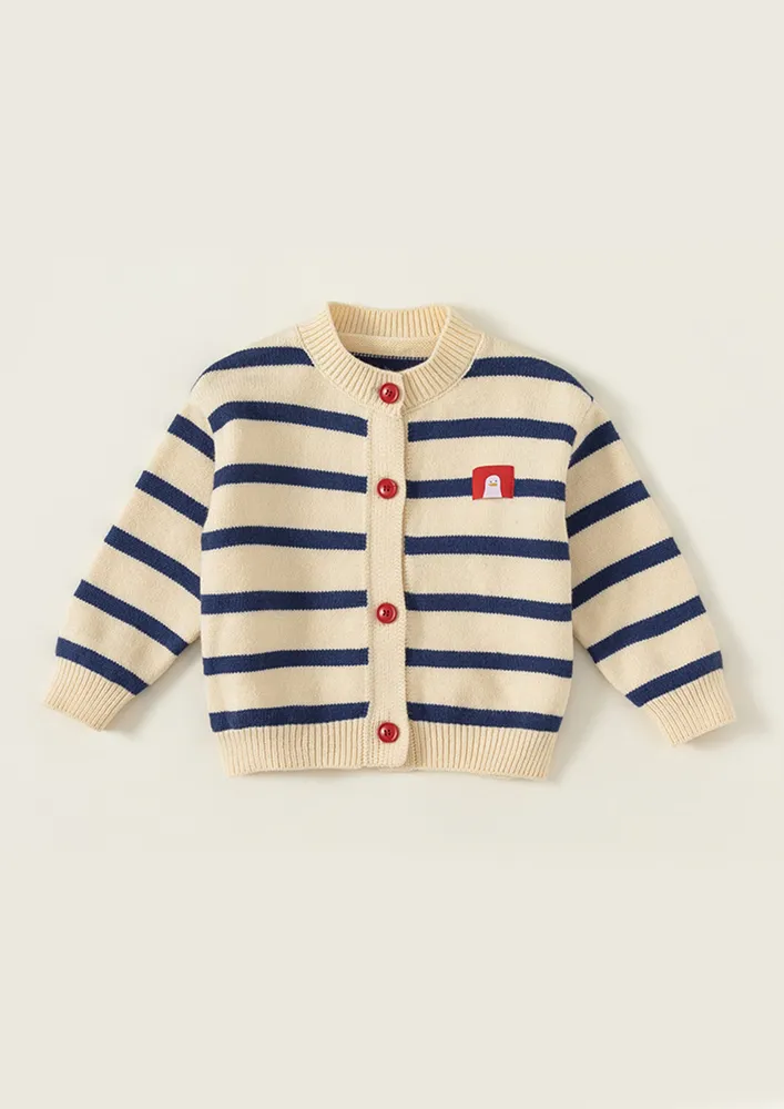 Unisex Beige Striped Button Fly Cardigan