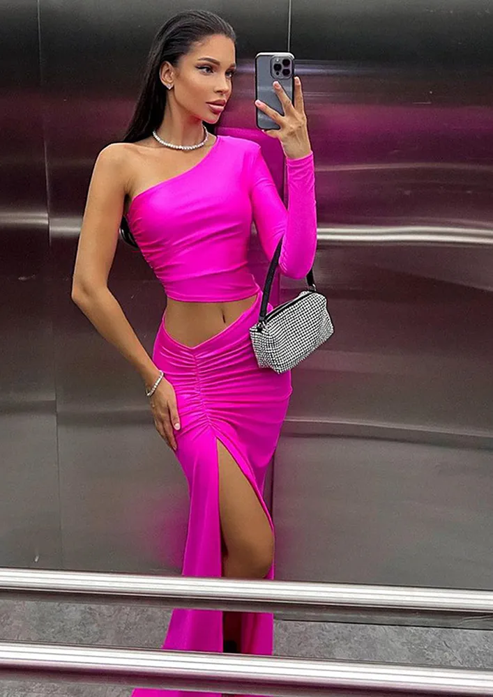 ROSE RED LONG CUT-OUT ASYMMETRICAL DRESS