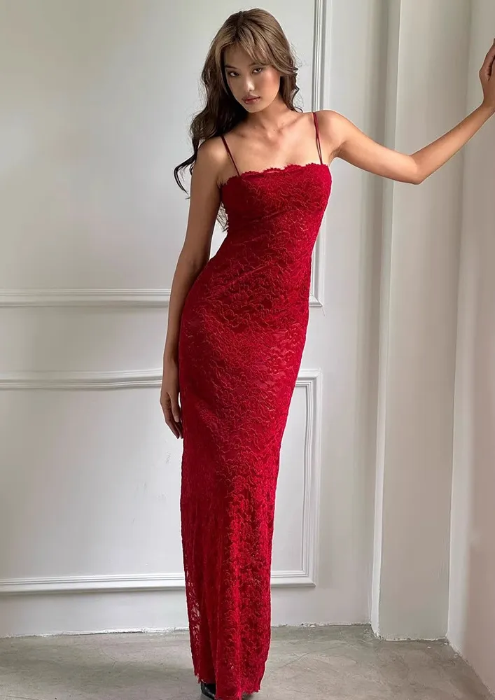 Red Strappy Lace Maxi Dress