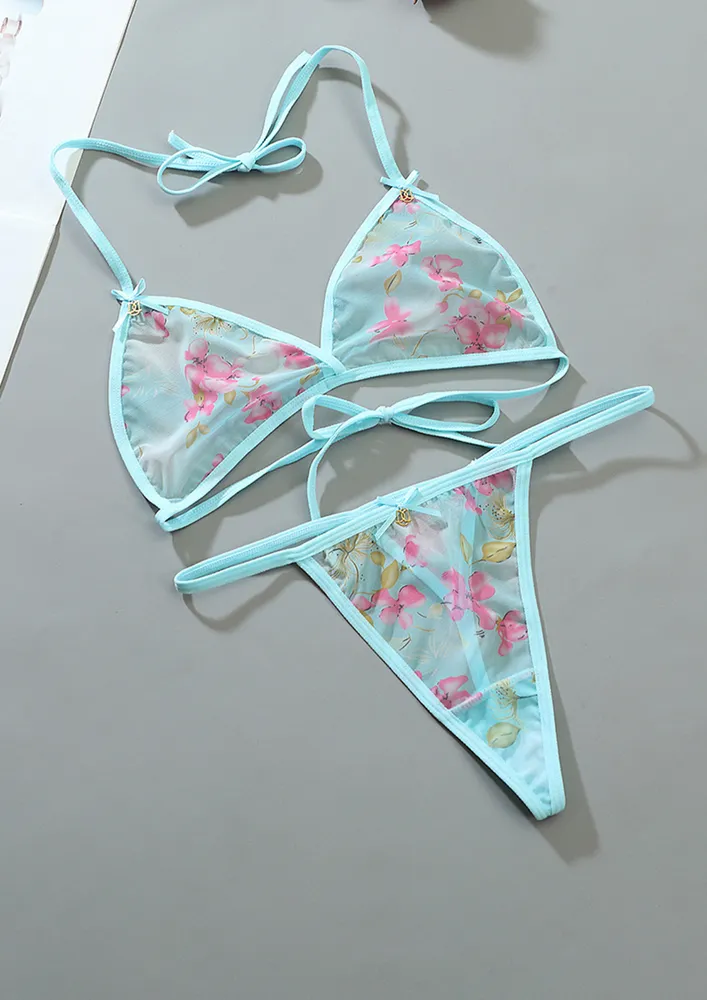 LIGH-BLUE PRINTED MESH (2 PC) LINGERIE SET